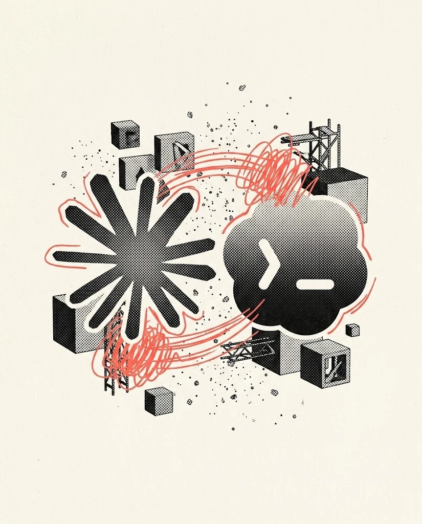 Surrealist editorial collage on cream paper: large black halftone treatments of the Claude and Codex CLI logos as the focal pair, wrapped in coral ink scribbles, surrounded by small modular blocks and mechanical scaffolding